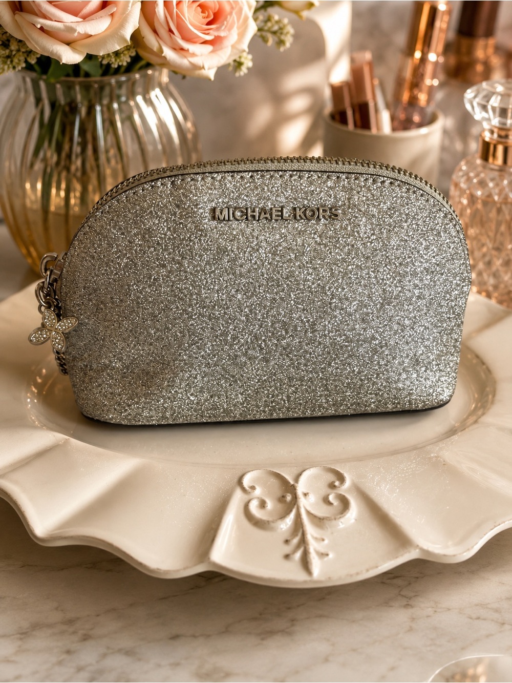 Michael Kors Silver Glitter Cosmetic Makeup Bag Travel Toiletry Zip Pouch Case